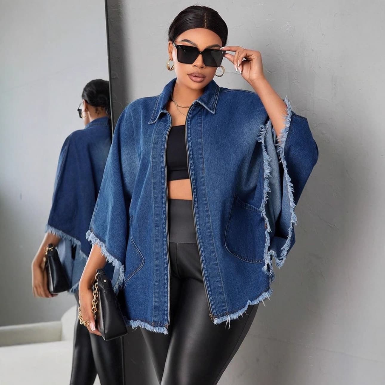 European and American style women's denim jacket, Amazon cross-border autumn and winter women's fashion loose collar batwing sleeve jacket.