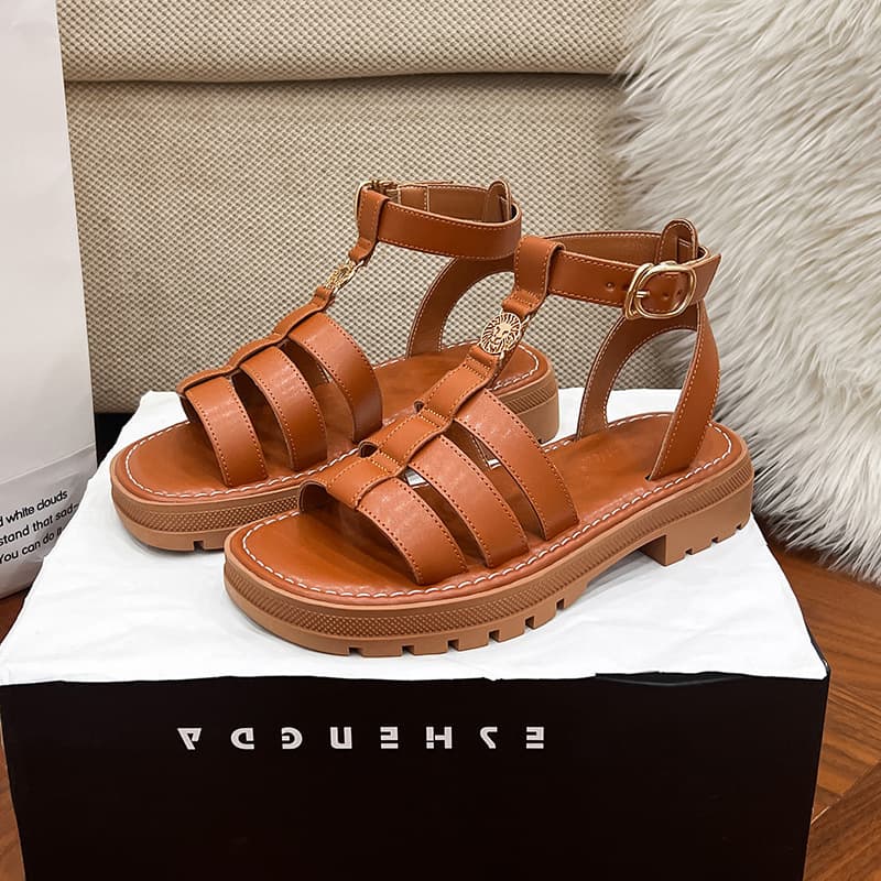 Small fragrant sandals for women, braided one-strap summer heightening thick-soled genuine leather retro Roman flat beach shoes for heightening