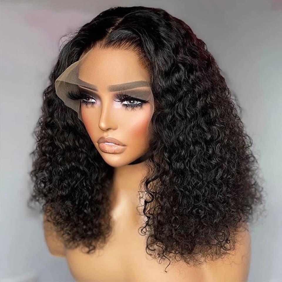 200 Density Curly Human Hair Wig Lace Frontal Wig Natural Black Hair Extensions Bob Style for All Face Types Fashionable Hairpiece