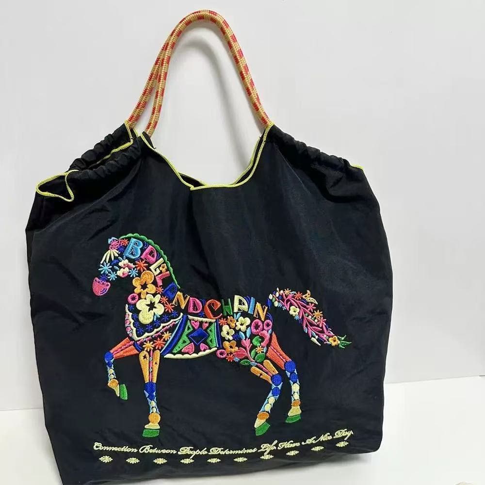 Japanese New Embroidery Horse Tote Bag Wanlima Shoulder Crossbody Bag Casual Waterproof Shopping Bag Women's Handbag