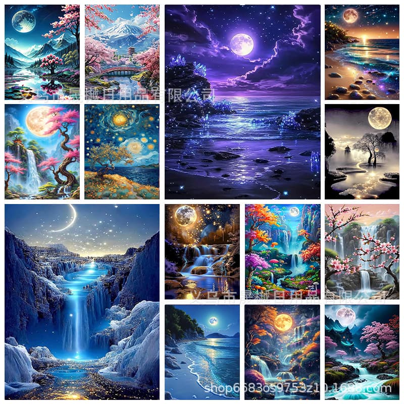 Cross-mirror Amazon best-selling colorful landscape diamond painting group picture round diamond full diamond decorative painting painting DIY wholesale