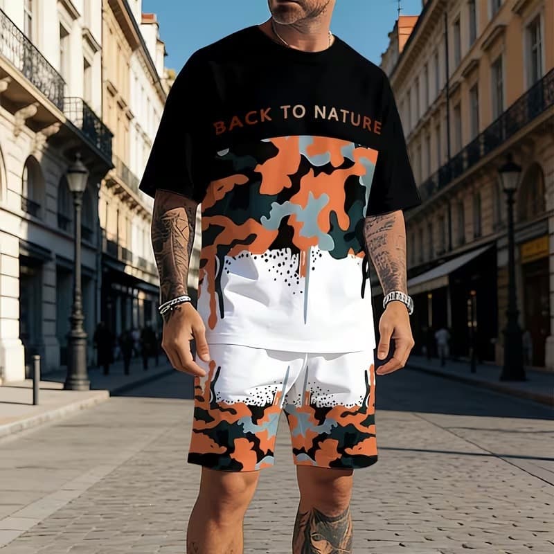 Cross-border TEMU Summer Gradient Letter 3D Digital Print T-Shirt and Shorts Set Men's Trendy Pattern Two-Piece Set