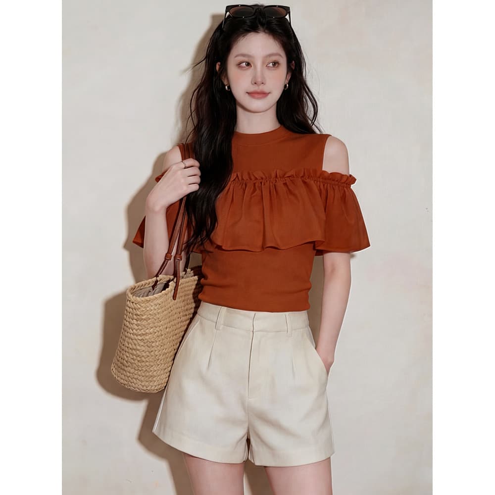 2026 summer new fashion lady style ruffled off-shoulder sweater for women slimming orange top