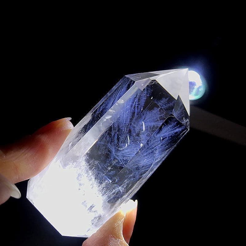 Blue Needle Crystal Natural White Crystal Column Raw Stone Polished Blue Needle Crystal Column Decoration Transparent Hexagonal Prism Bracelet Energy Cleansing