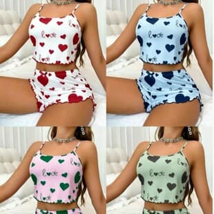 New Women's Heart Print Camisole Shorts Loungewear Set, Casual Wear-Out Pajama Set