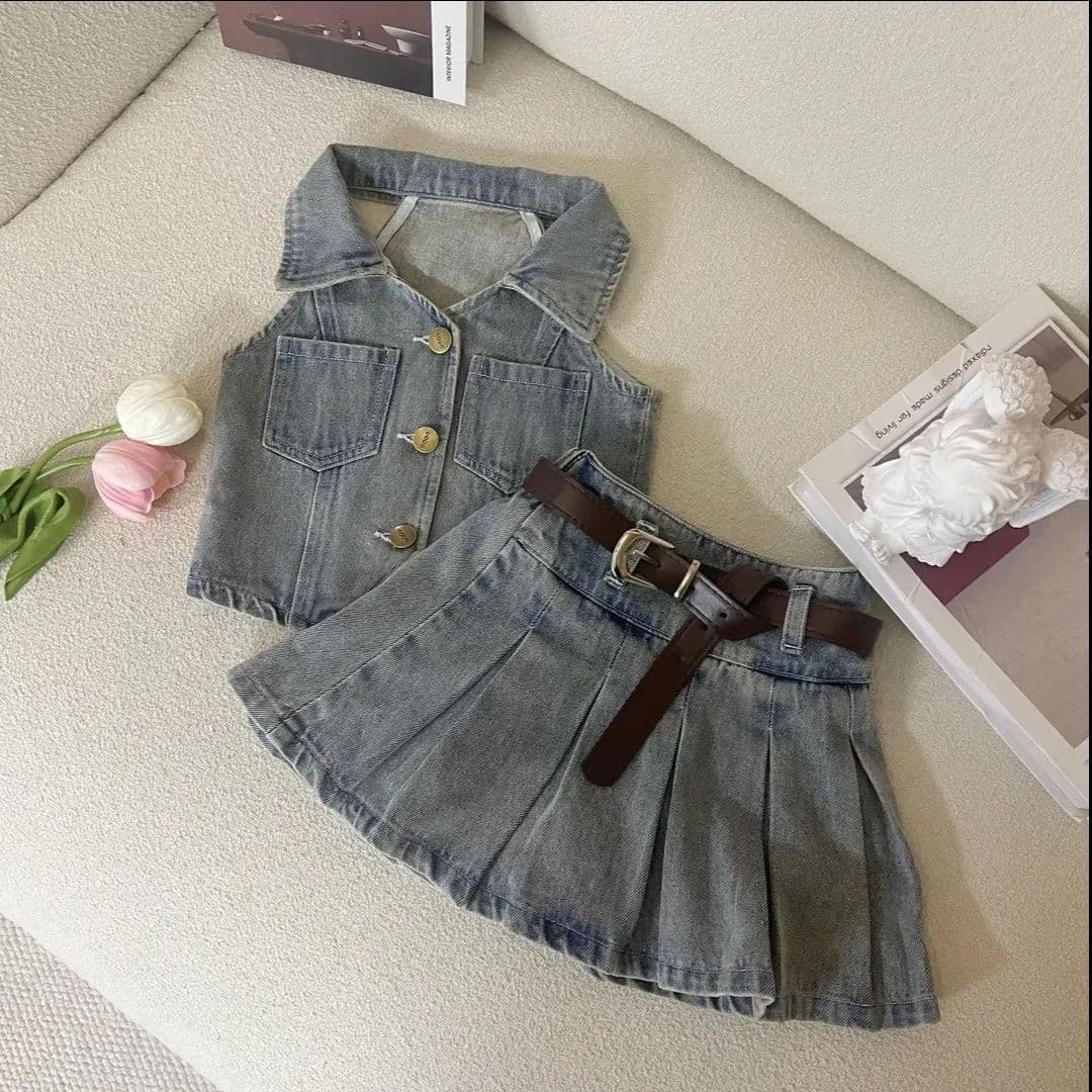 Girls Korean style 2025 new suit denim skirt summer children's denim fashionable two-piece set sleeveless skirt trendy cotton