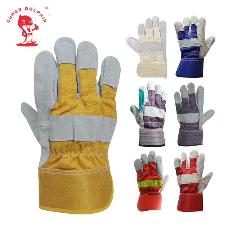 Foreign trade wholesale fluorescent green full palm straight finger short style work wear-resistant welder labor protection electric welding split cowhide leather gloves.
