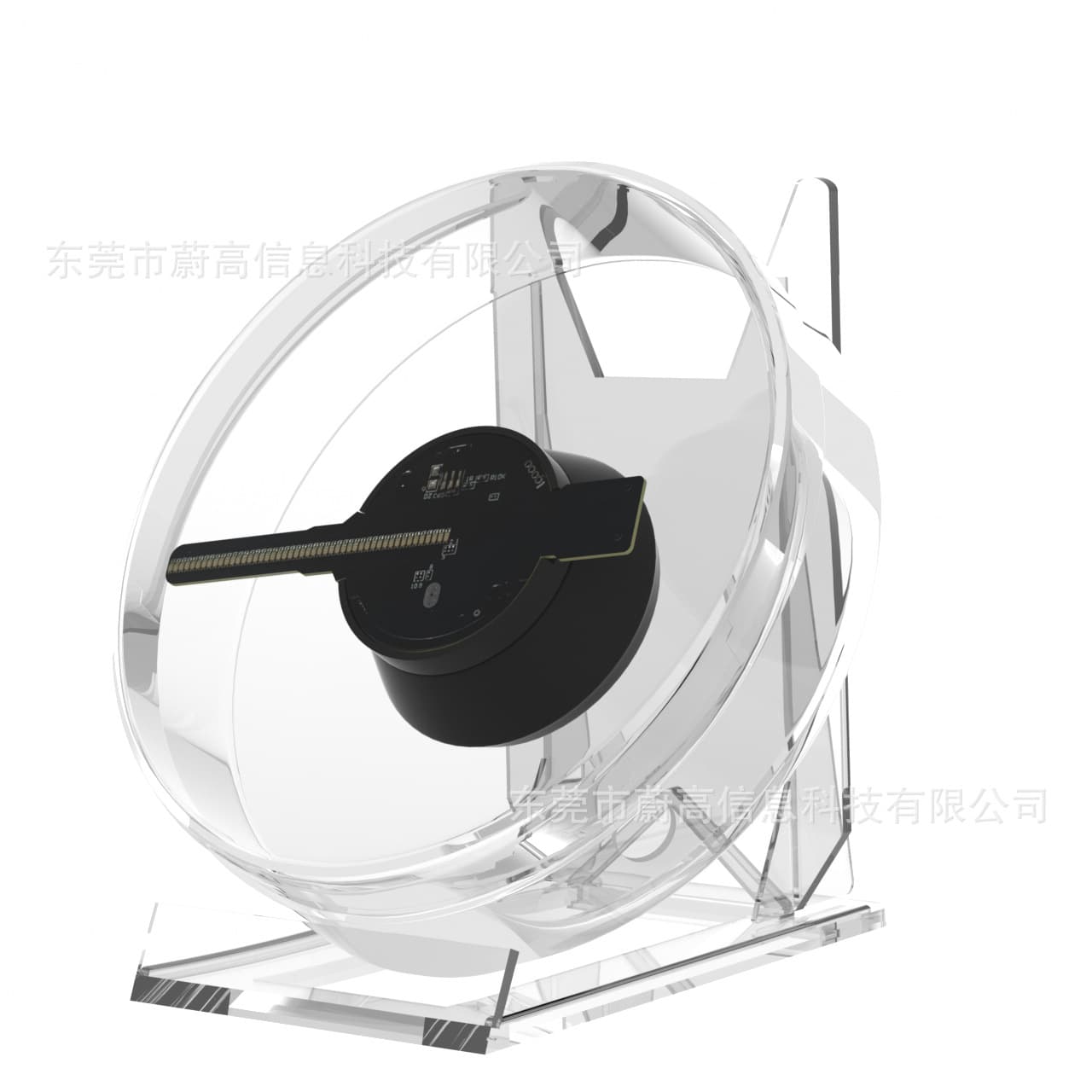 Compact LED desktop fan screen with built-in audio playback, transparent cover, data cable powered holographic advertising machine