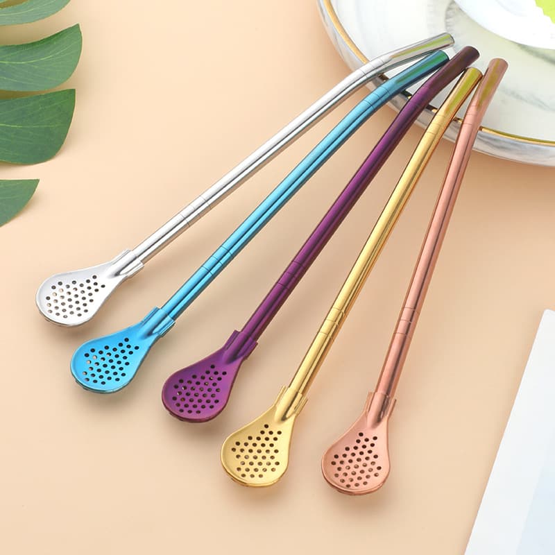 304 Stainless Steel Dual-Use Straw Spoon, Juice Milk Tea Stirring Coffee Spoon, Tea Leaf Filter Beverage Straw Wholesale