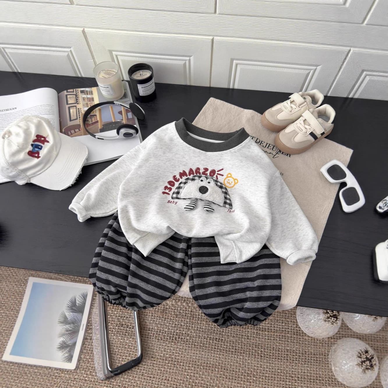 Boys' 2025 Fall New Arrival Kids' Long-Sleeve Sweatshirt Cartoon Korean-Style Striped Casual Pants Children's Two-Piece Set