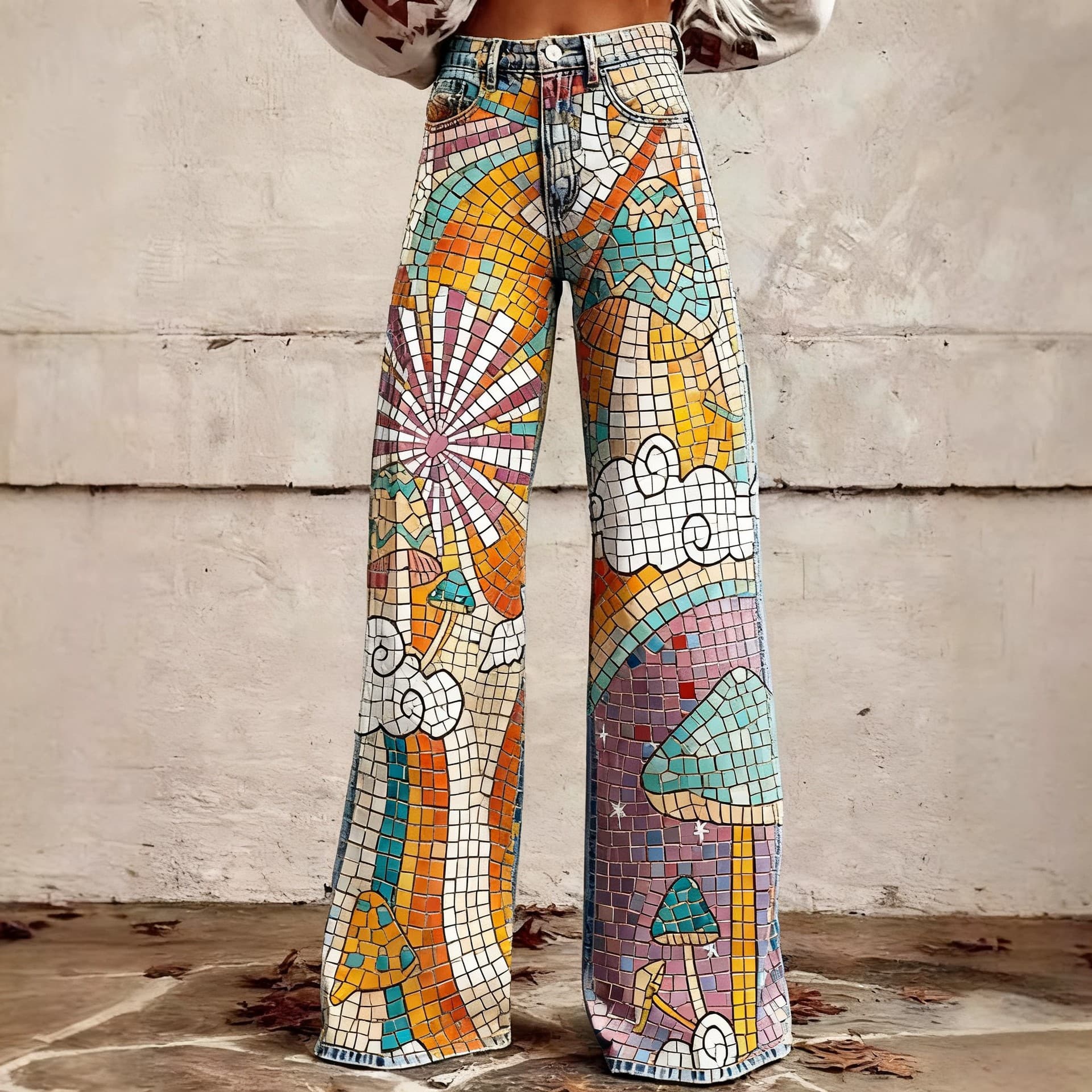 Cross-border new 3D digital printing US foreign trade large size women's casual pants imitation jeans wide leg pants