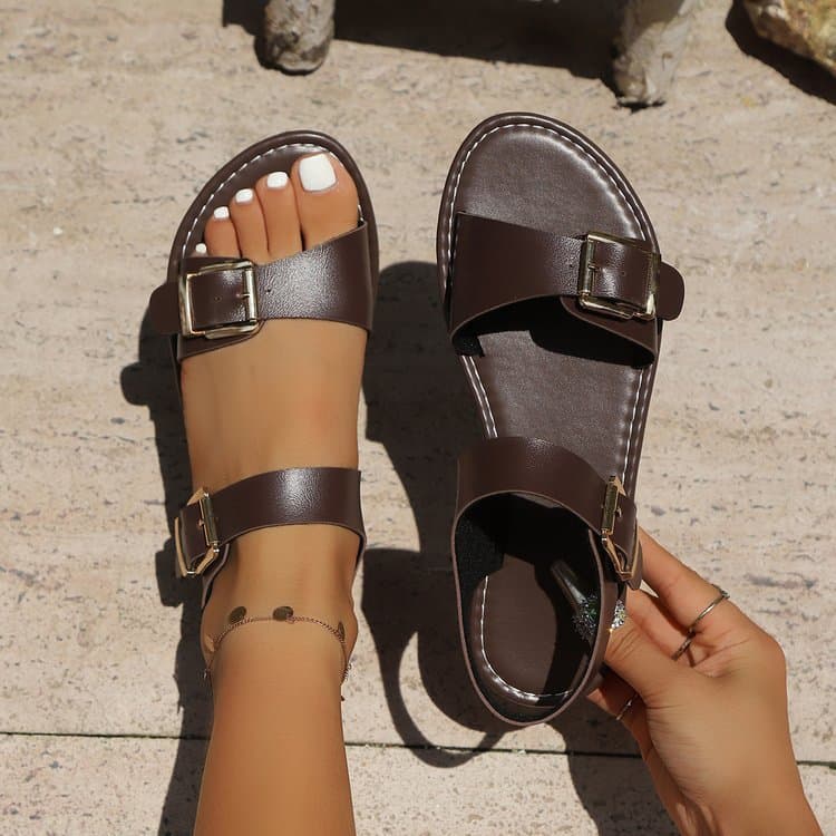 Cross-border Trade Large Size Belt Buckle Flat Sandals Women Summer New Style One-strap Casual Round Toe Beach Sandals