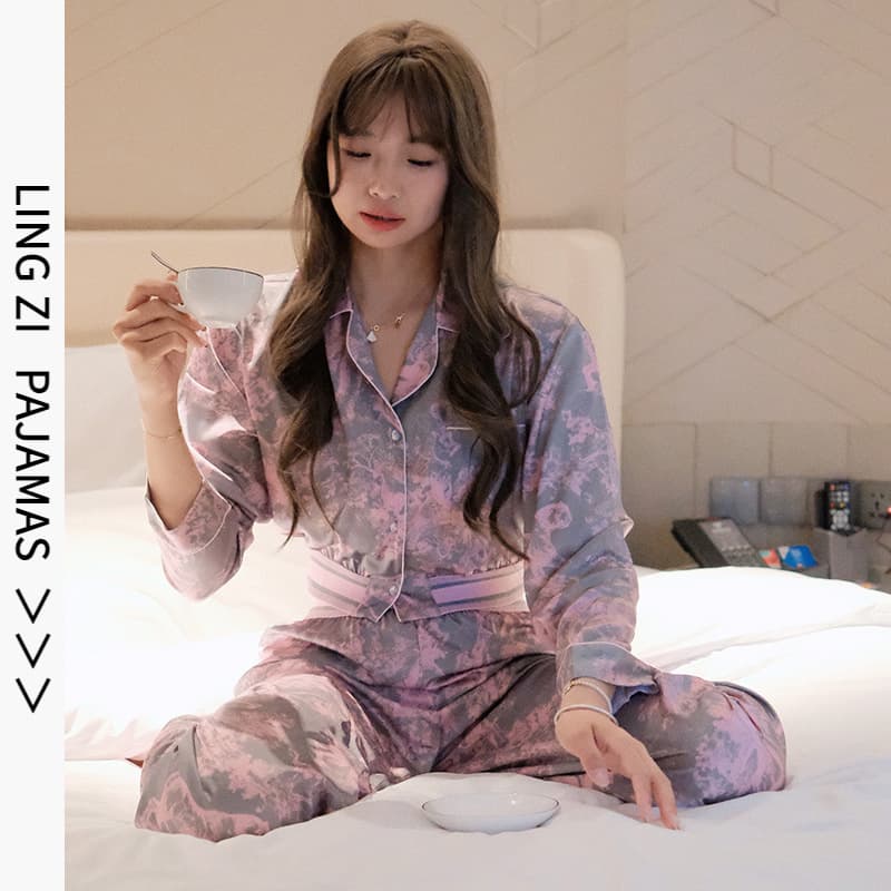2025 New Women's Pajama Set Ice Silk Long Sleeve Notch Lapel Cardigan Set Spring Summer Thin Plus Size Silk Loungewear