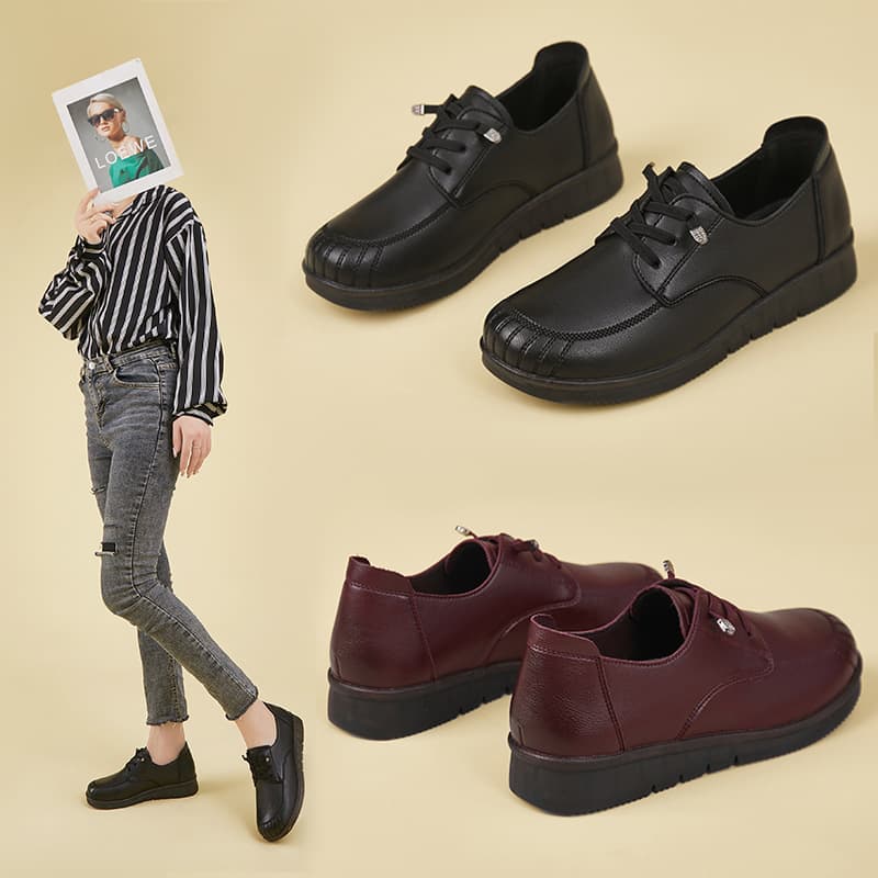 Fleece-Lined Women's Flats, Warm Autumn/Winter New Style Middle-Aged and Elderly Rubber Sole Mom Shoes, Soft-Soled Comfortable Casual Leather Shoes