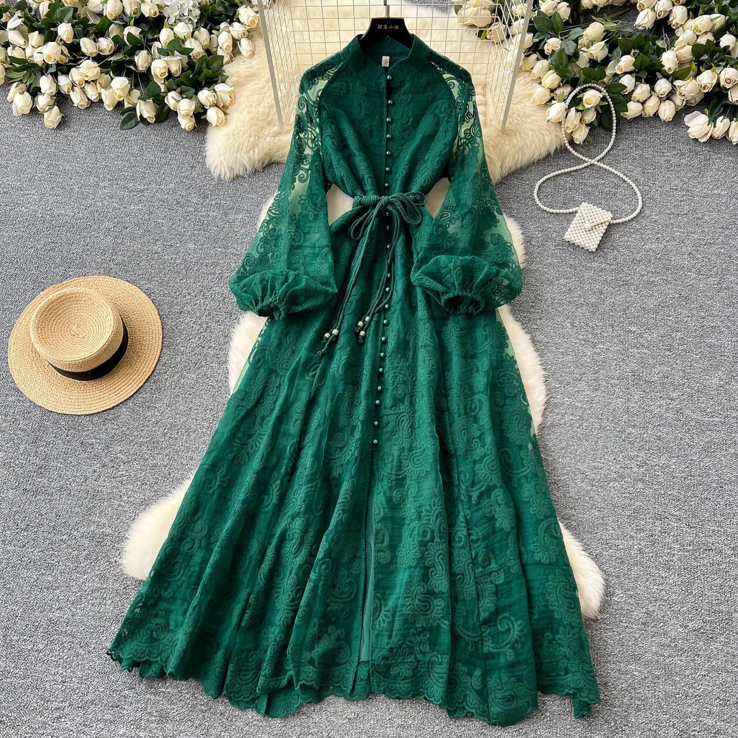 European and American Style Elegant Stand Collar Single-Breasted Heavy Embroidery Lantern Sleeve Tie-Waist Flared Long Dress