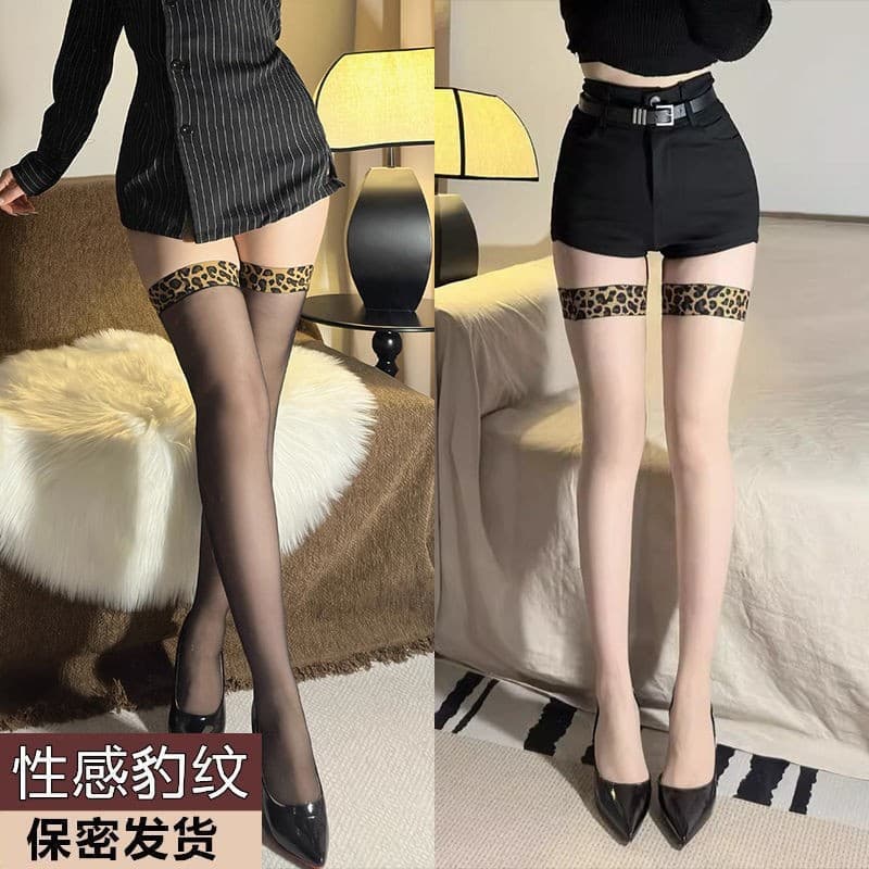 Summer Black Thin Long Stockings for Women Over-the-Knee Non-Slip Sexy Black Stockings High Tube Leopard Print Patchwork Sheer Hot Girl