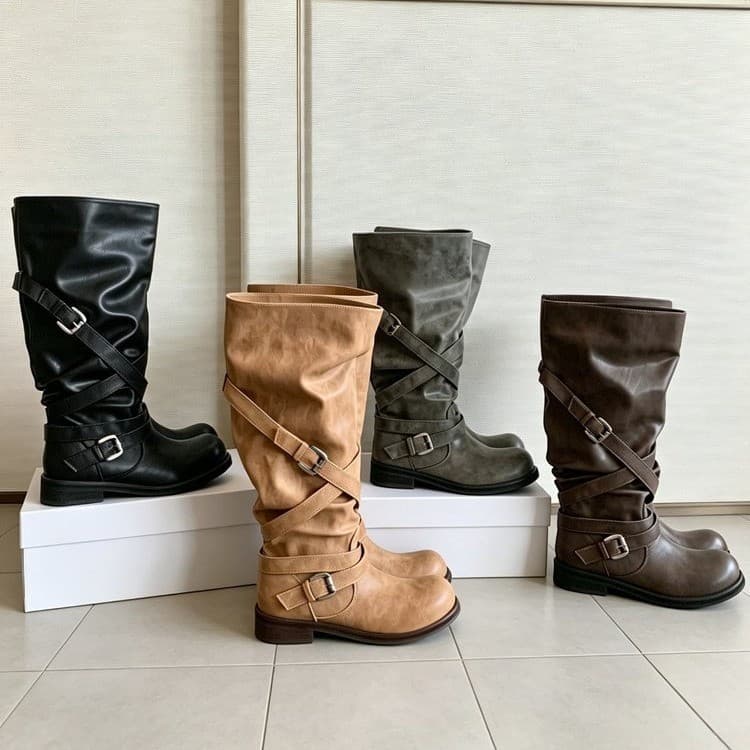 Thick-heeled French retro distressed western cowboy boots for women 2026 new versatile high-top pile knight boots for women