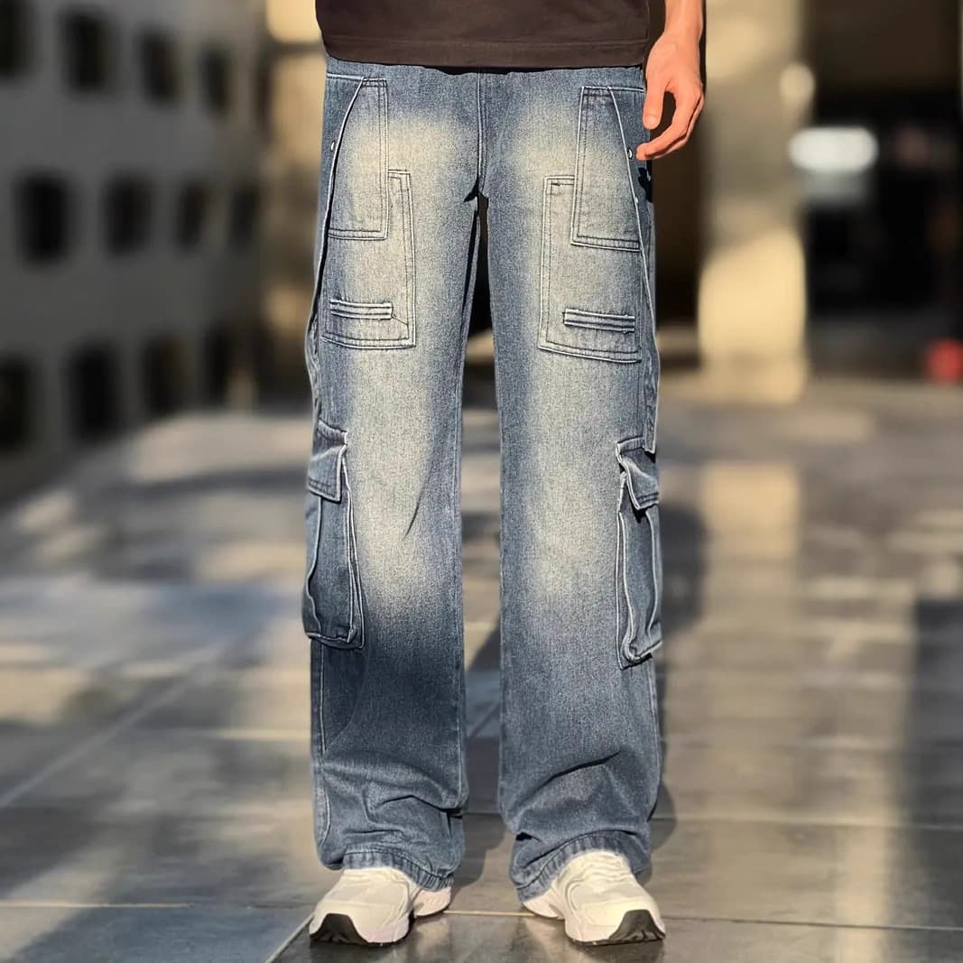 Foreign Trade Bull King Series Autumn Natural Whisker Drop-Fit Jeans Men Washed Distressed Workwear Wide-Leg Long Pants