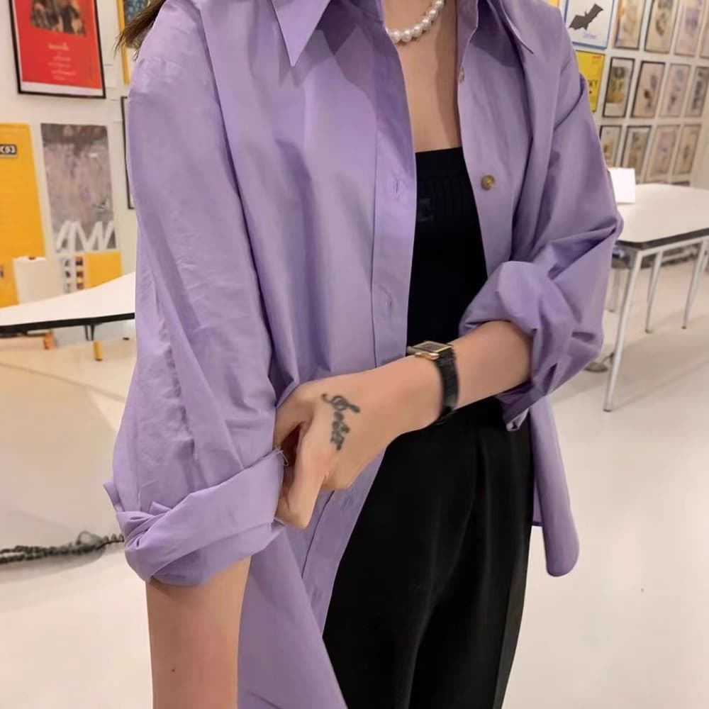 Simple Korean Loose Large Size Women's Shirt Spring Autumn Layering Washed Cotton Versatile Top Polo Collar Big Code Blouse