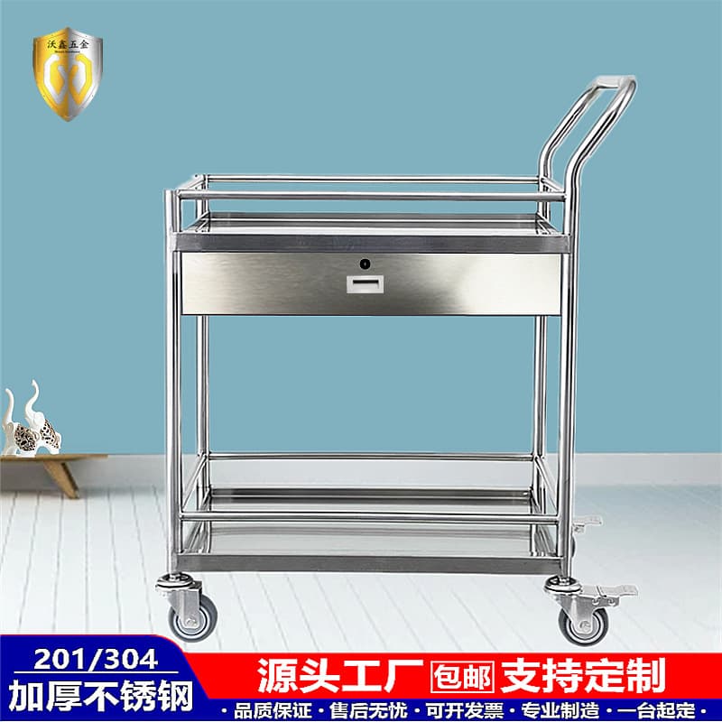 Reinforced Stainless Steel Double-Layer Hand Cart, Laboratory Instrument Transport Trolley, Dual-Drawer Silent Office Push-Pull Cart