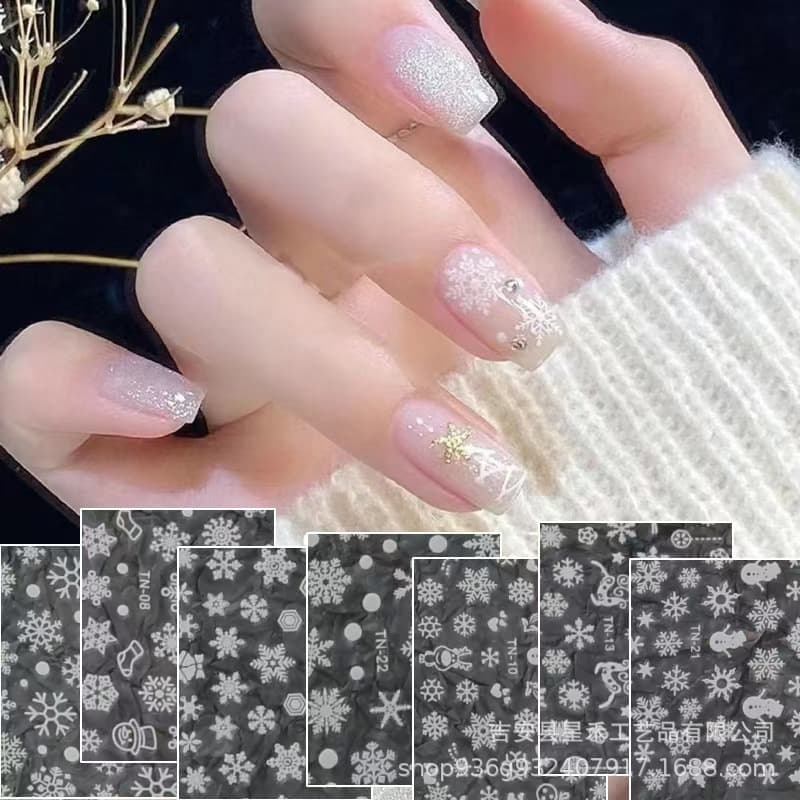 Xiaohongshu Viral Christmas Snowflake Nail Stickers White Snowflakes and Reindeer Christmas Nail Decals Factory Wholesale