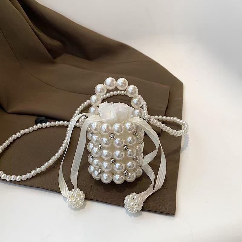 Unique Pearl Bucket Bag Trendy Personality Bag Niche Crossbody Chain Vintage Handmade Handbag