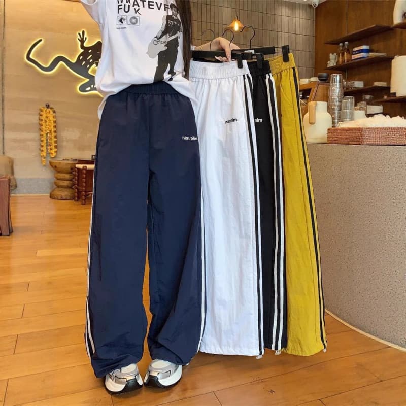 Ice Silk Women's Quick-Dry Jogger Pants with Tapered Legs, Summer Thin Casual Straight Pants with Draping Side Stripe Wide-Leg Pants