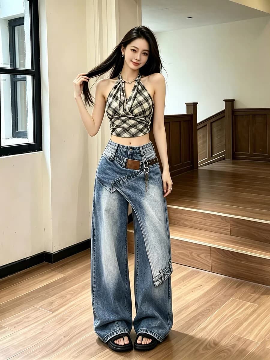 American Retro Large Pocket Cargo Capri Jeans Plus Size Street Style Loose Wide-Leg Mid-Length Pants