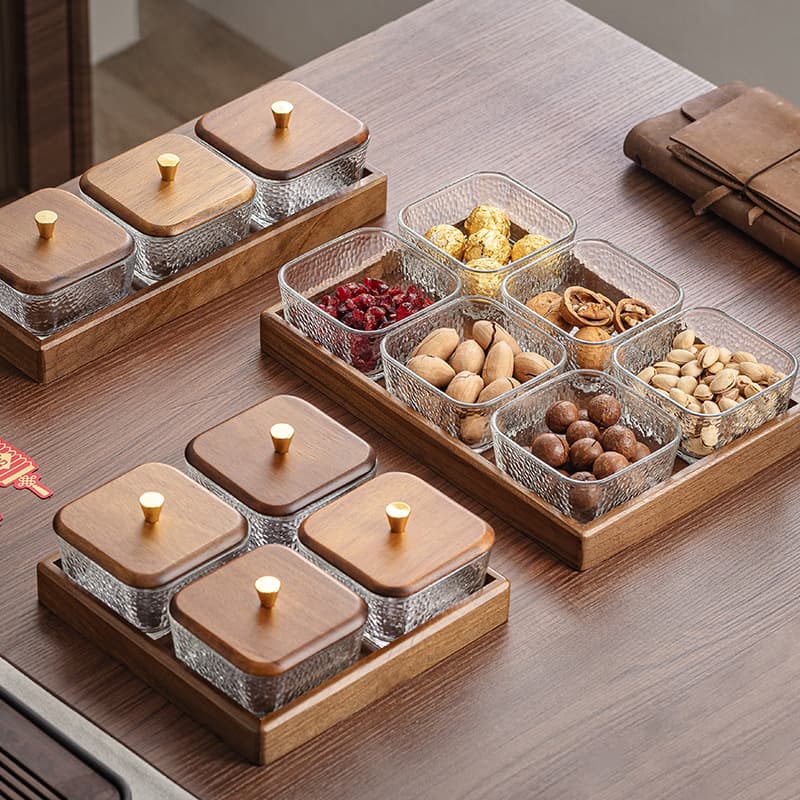 High-end [Walnut] Fruit Plate Household Living Room Coffee Table Compartmentalized Tea Snack Candy Dry Fruit Plate Snack Nut Box