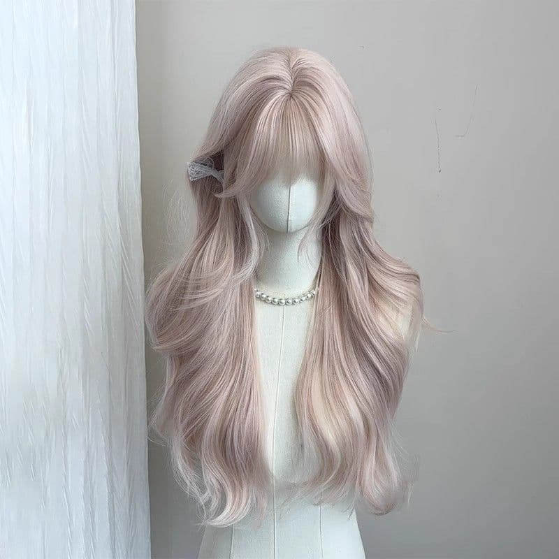 Women's Wig Misty Pink Gold Bangs Curly Full Cap Summer New Daily Realistic Long Curly Wig Whole Top