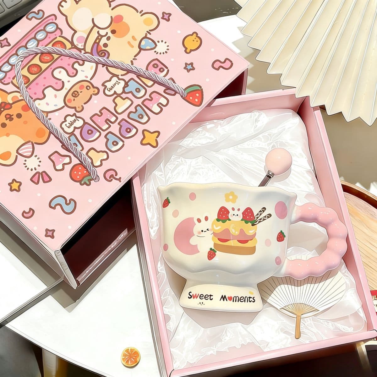 Cute bunny cake mug, girly heart ceramic water cup, gift box with spoon, birthday gift coffee cup