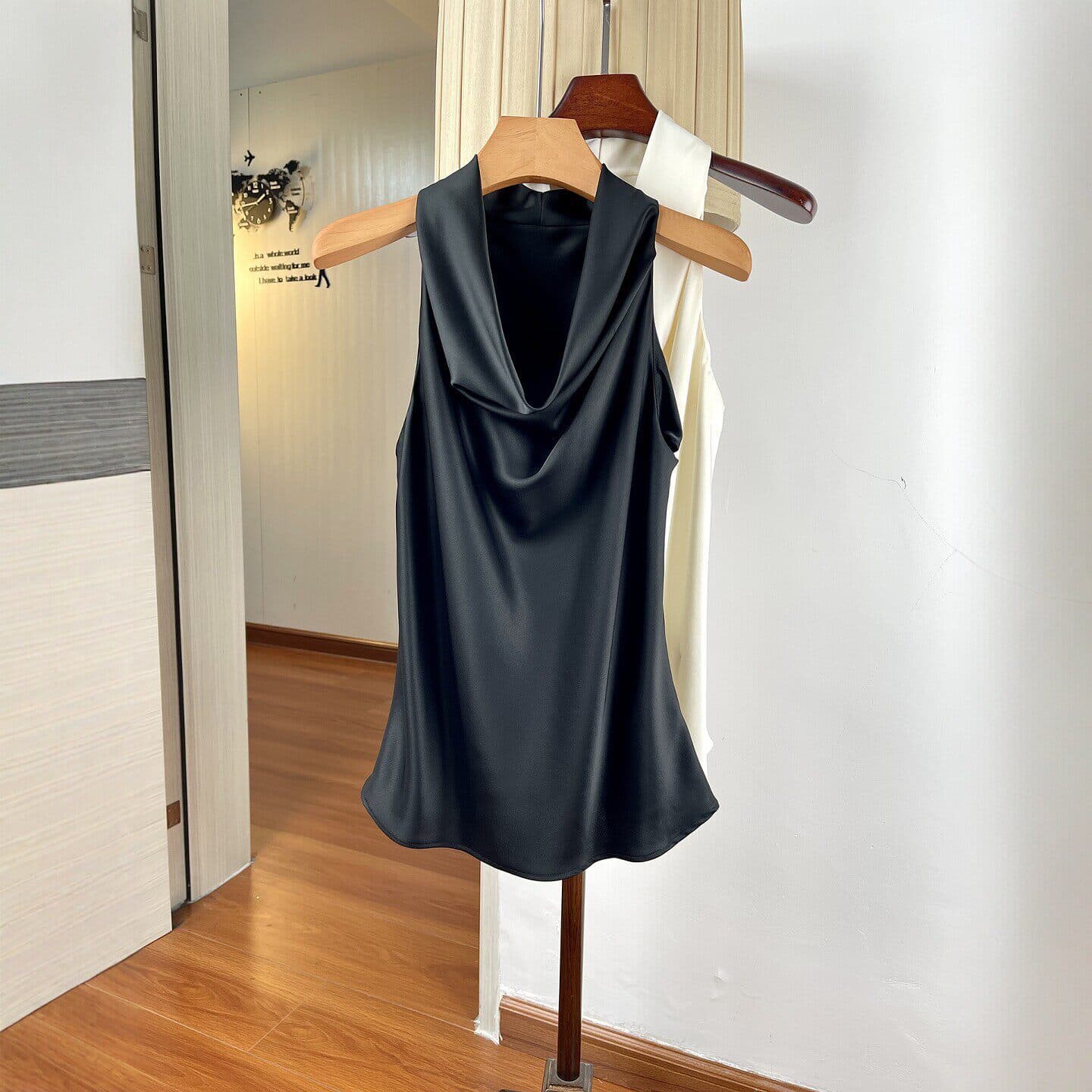 Fashionable Sleeveless Off-Shoulder Halter Top for Women, Summer Acetate Satin Draped Neckline Fitted Waist Vest