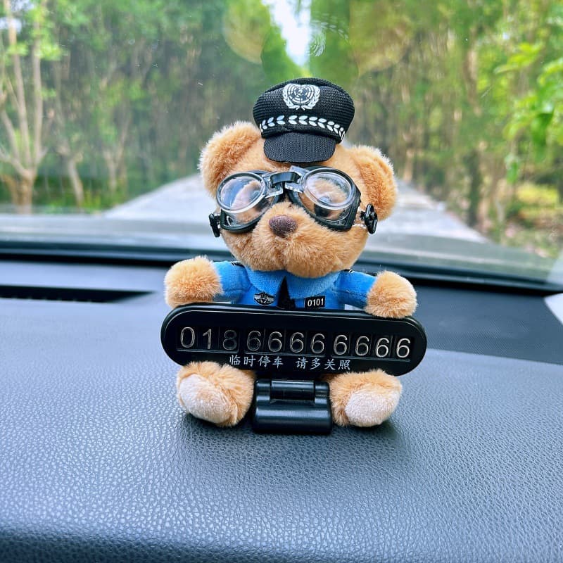 Traffic Police Bear Plush Doll Car Moving Phone Number Plate Temporary Parking Card Decorative Creative Car Accessory