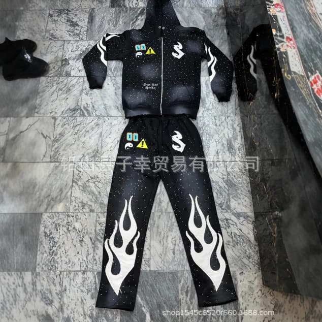 Y2K Dark Style Starry Sky Flame Print Hoodie Set Loose Zip-Up Hoodie Straight Leg Pants