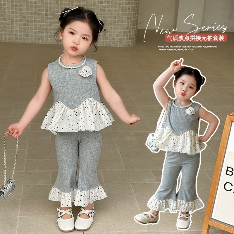 Girls' Set 2025 Summer New Arrival Kids Korean Style Chic Polka Dot Vest and Flare Pants Two-Piece Outfit