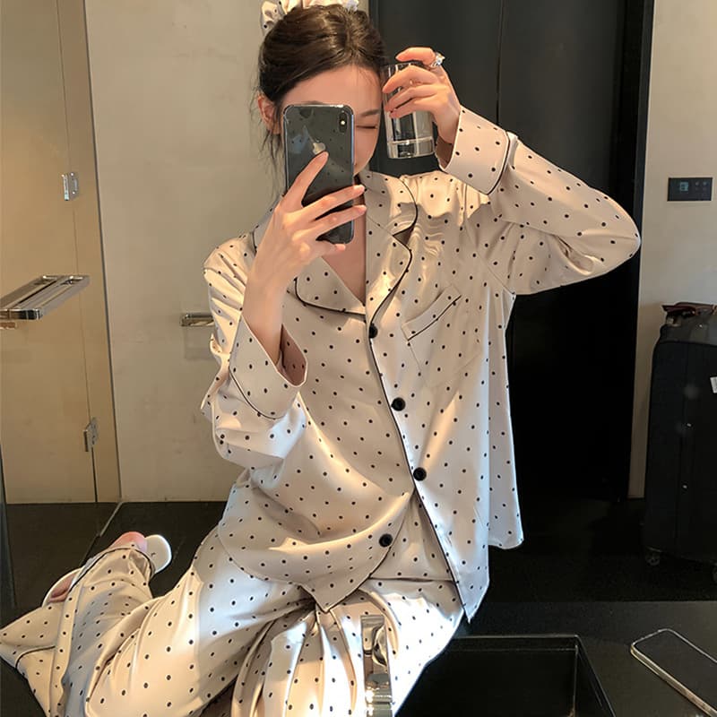 Ice Silk Polka Dot Pajamas Long Sleeve Long Pajamas French Light Luxury Champagne Wear-Out Imitation Silk Trendy Women's Home Wear