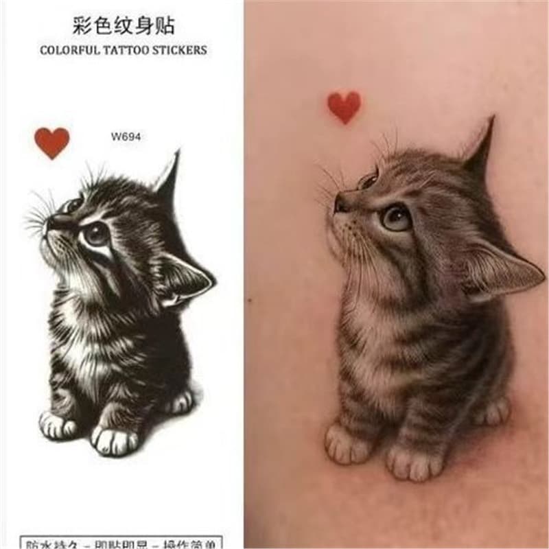 Cute Tabby Cat Tattoo Sticker Colorful Cartoon Cat Arm Wrist Tattoo Sticker Girl Heart Animal Tattoo Sticker