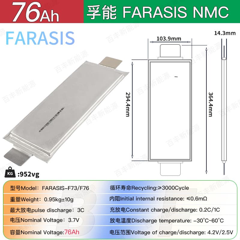 New Funeng 76Ah 73Ah Ternary Lithium Cell Pouch 3.7V Polymer Lithium Battery EV Cell NMC