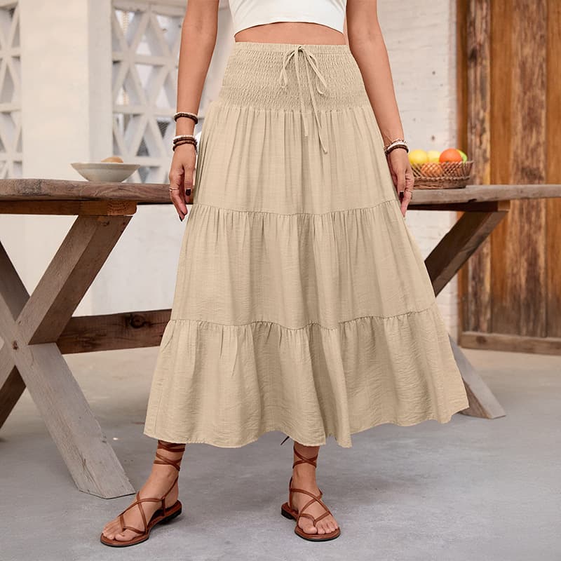 2026 Summer New Hot Selling Simple Vacation Style Solid Color Elastic Waist Drawstring Layered Midi Skirt
