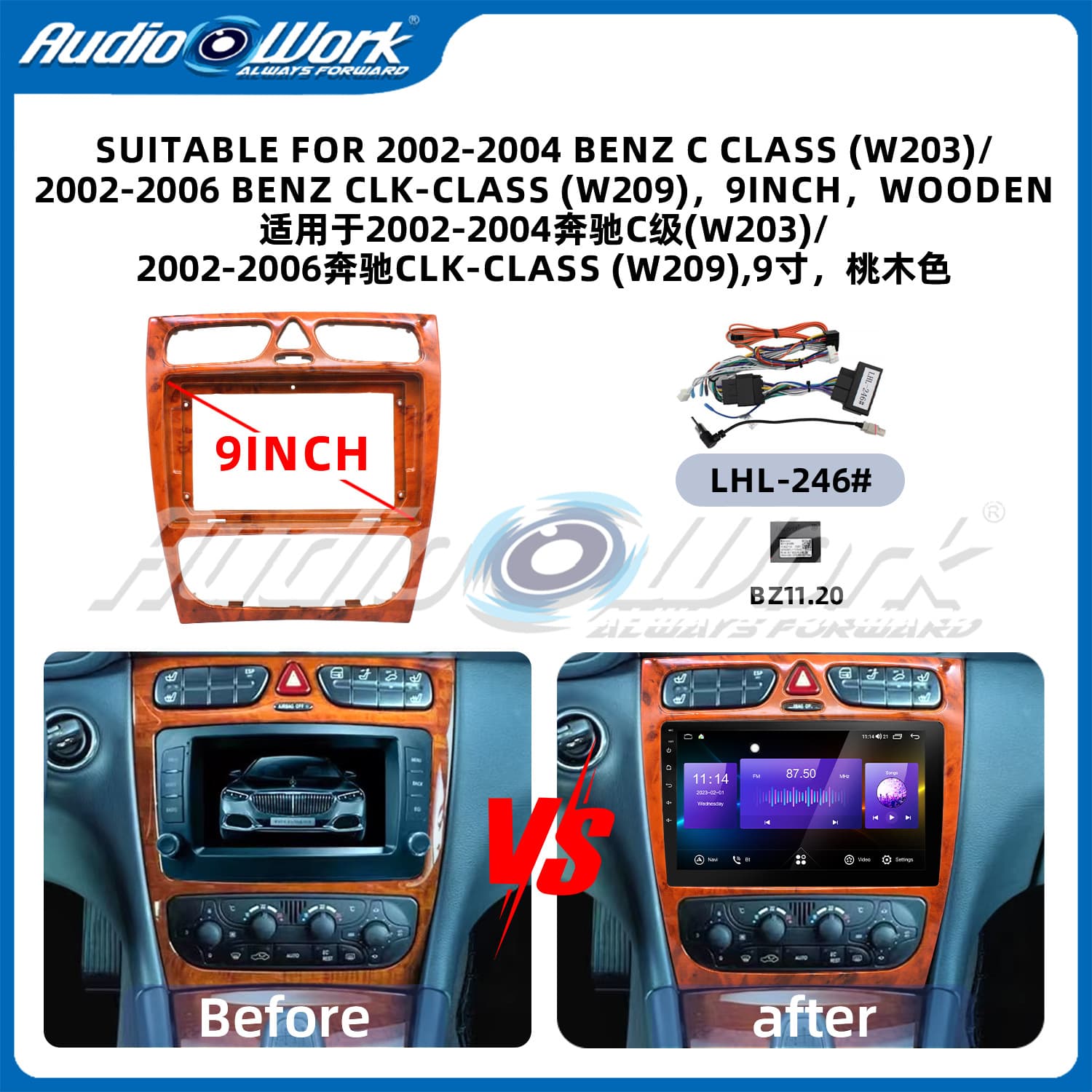 Compatible with 02-04 Mercedes-Benz C-Class (W203) Center Console Navigation Frame Android Large Screen Universal Trim Kit Audio Panel