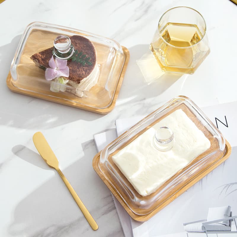 Retro butter dish rectangular cake plate dessert plate fruit plate glass lid dessert plate bamboo tasting plate