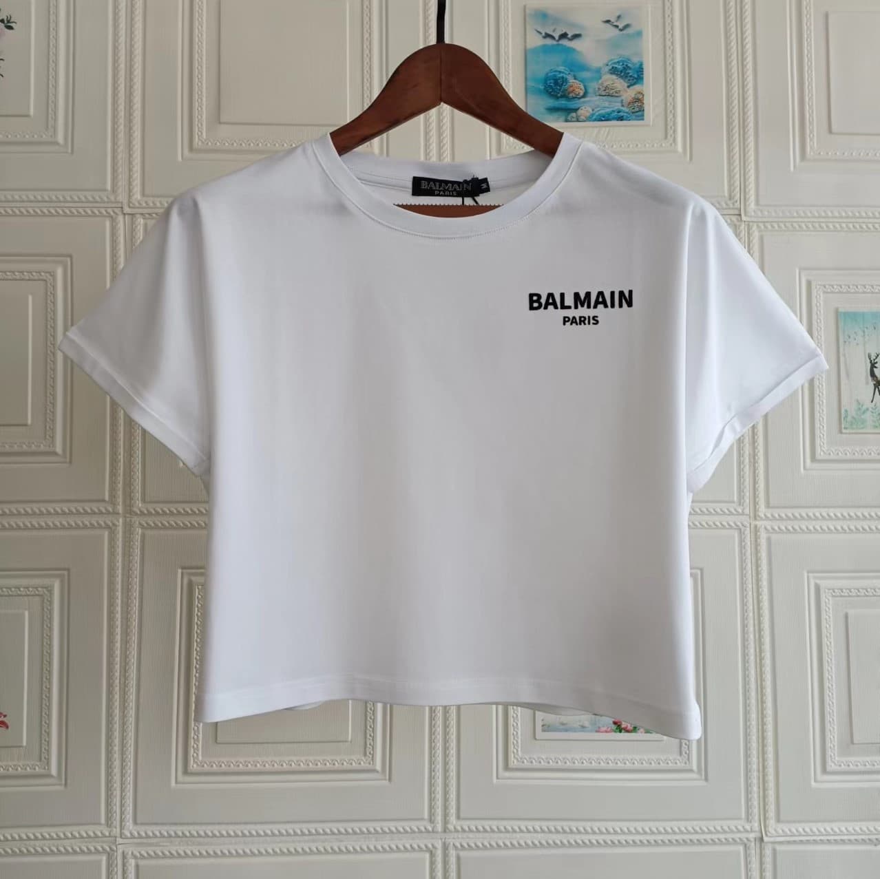 European and American trendy brand new Balmain flocked small letter top, Balmain pure cotton rolled sleeve short versatile T-shirt