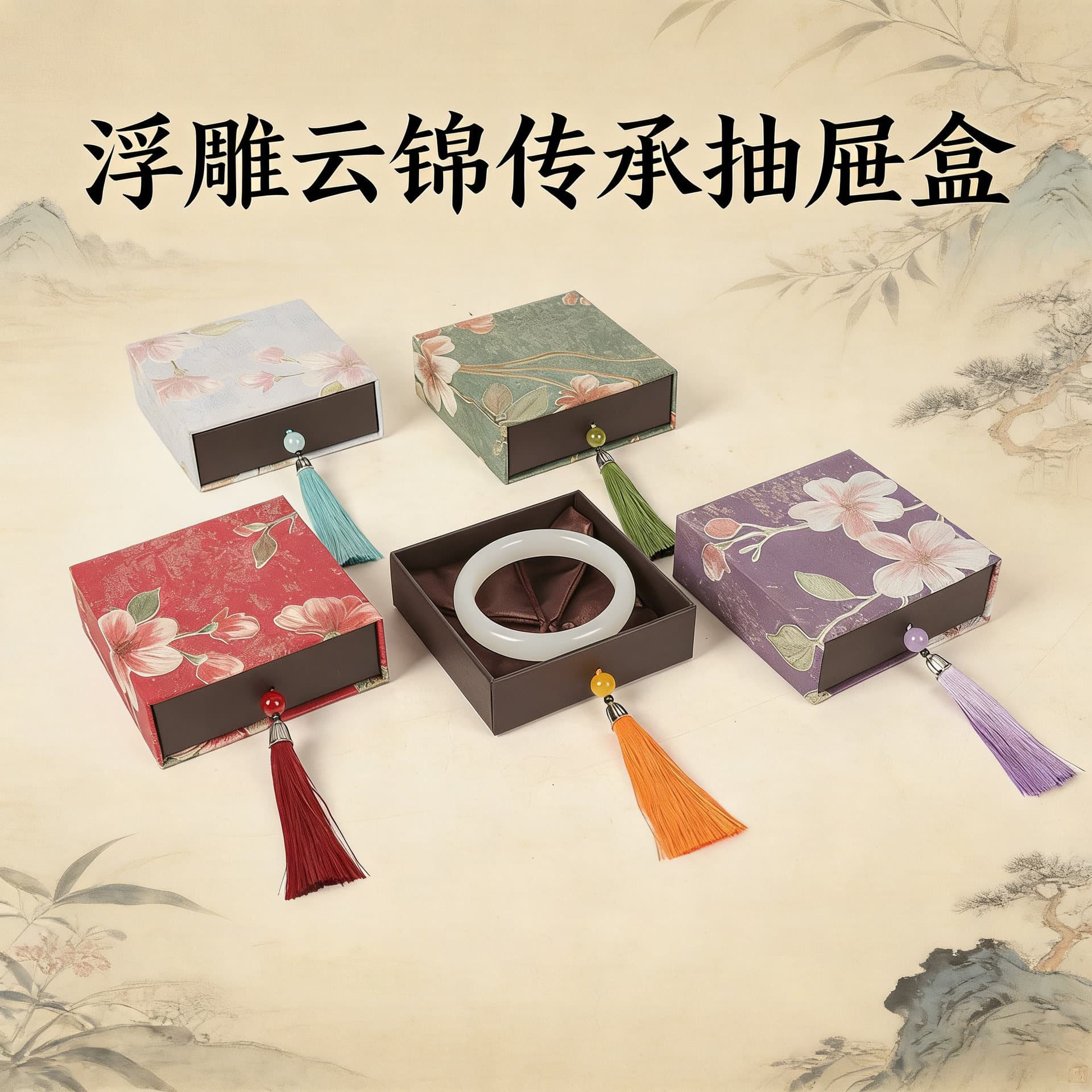 New Embossed Yun Brocade Jewelry Box Chinese Heritage Drawer Tassel Jade Bracelet Box Hand String Packaging Gift Box