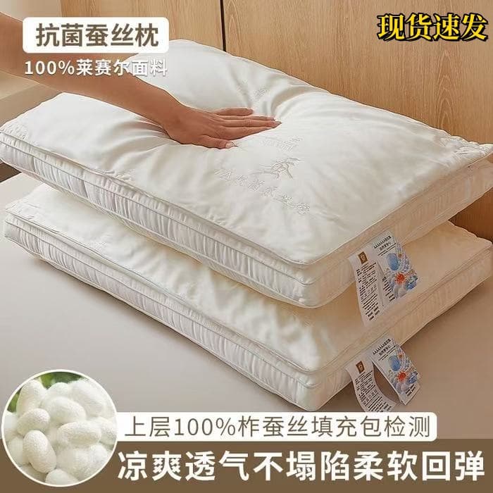 Brand A 100% Silk Pillow with Antibacterial 3D Double-Layer Embroidery, Student Neck Care Pillow Soft and Resilient