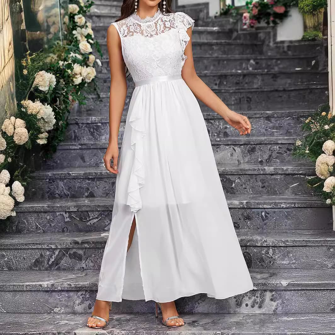European and American Foreign Trade Women's Clothing Cross-Border New Product Amazon Sexy Lace Chiffon Round Neck Sleeveless Wedding Bridesmaid Dress