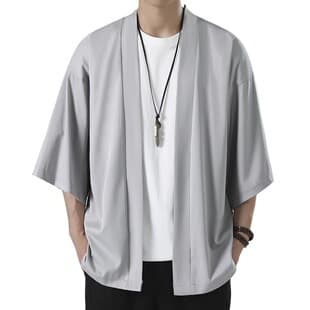 Cross-border Chinese Style Men's Shirt, Ice Silk Thin Cape, Solid Color Buttonless Cardigan, Hanfu Style Loose Sun Protection Jacket