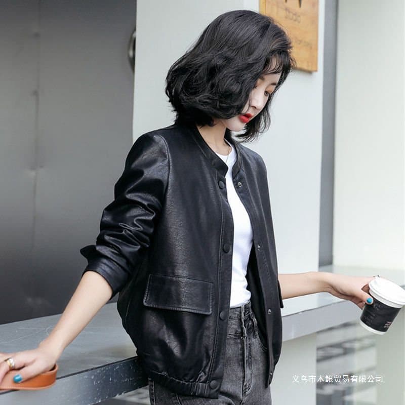 Women's Short Stand Collar Leather Jacket, 2025 Spring/Autumn New Korean Style Fashionable Petite Motorcycle Leather Jacket