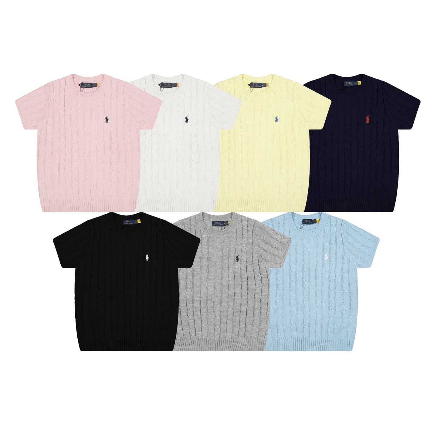 RL Ralph Lauren Embroidered Horse Cable Knit Short Sleeve Sweater Top Women's Round Neck T-Shirt Preppy Style Twisted Knit Slim Fit