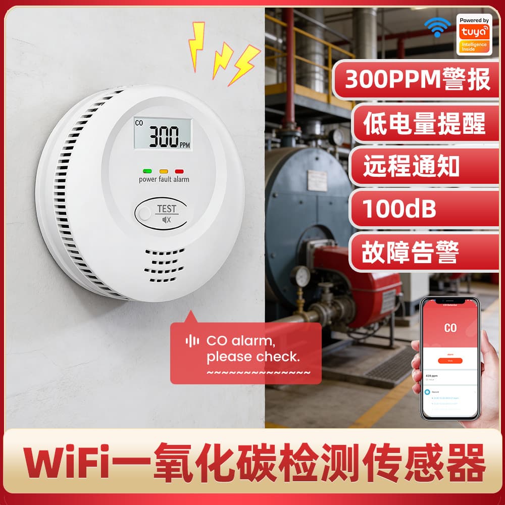 WiFi Carbon Monoxide CO Sensor Alarm for Home Kitchen, Tuya Smart APP Display Detection Sensor