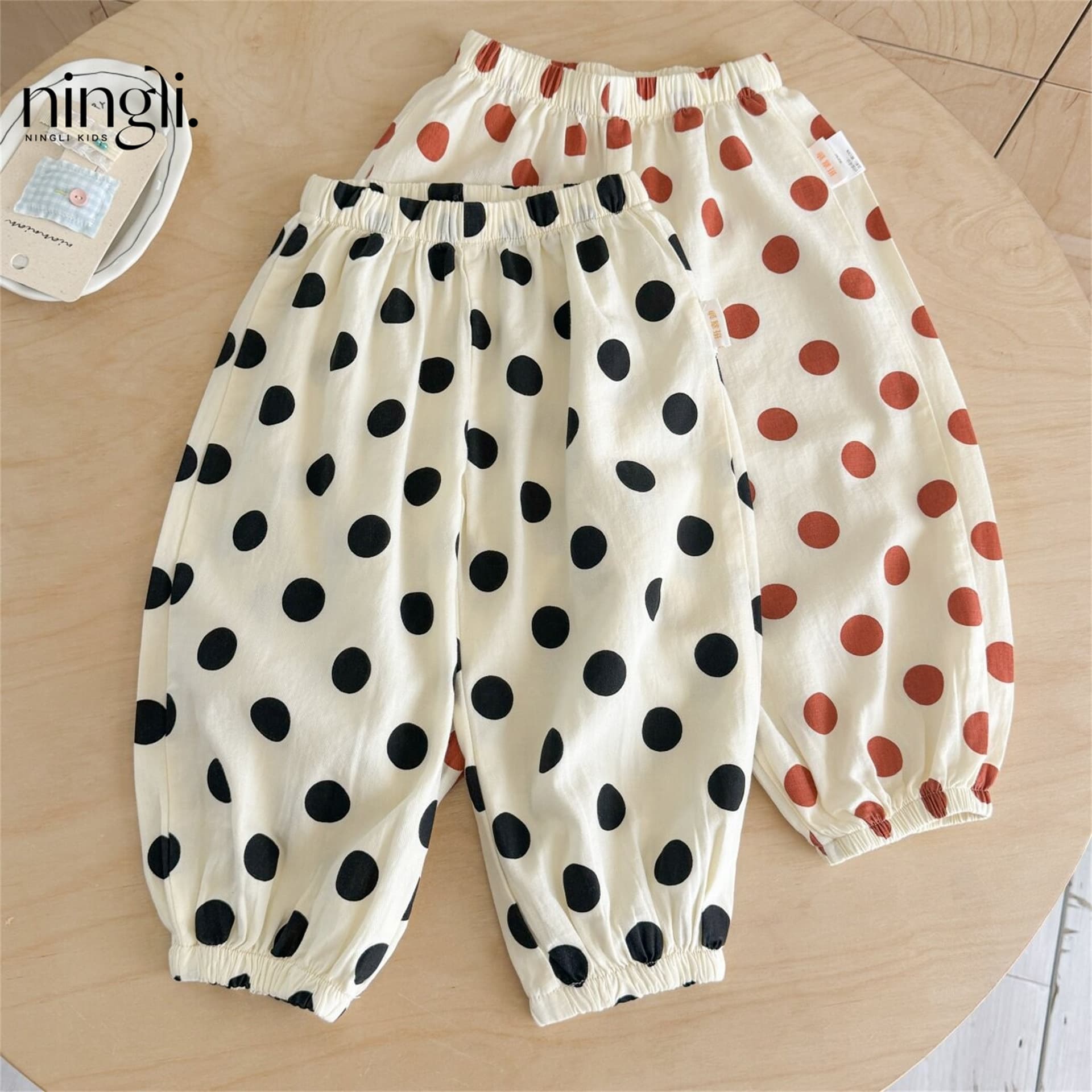 Ningli Girls' Pants Summer New Baby Girl Casual Ankle-Length Pants Children's Polka Dot Elastic Hem Pants Summer Mosquito-Proof Pants